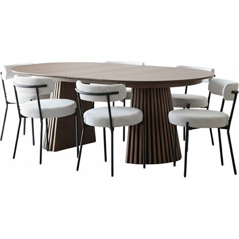 Tokyo ensemble pour salle à manger table à manger avec 2 rallonges Ø120x120-160-200 cm smoked et 6 chaises bouclé blanc.