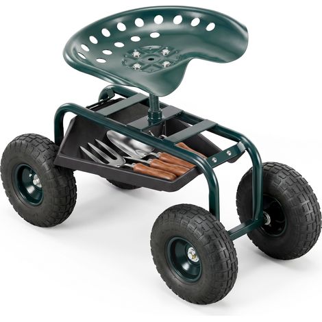 Silla de jardín giratoria 360°, regulable en altura, con bandeja portaherramientas, carga máxima 150 kg, color verde. Asiento de exterior robusto y ergonómico con ruedas. (1/5)