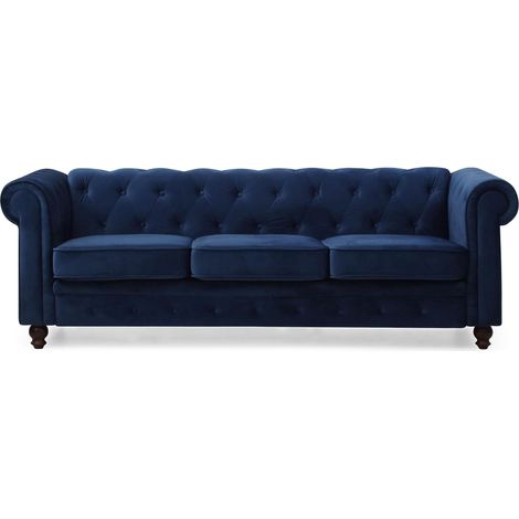 Grand canapé 3 places Chesterfield Velours Bleu