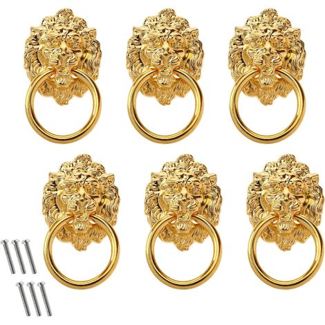 6pcs Tête de Lion Poignée de Tirage Boîte en Bois Poignées de Tirage Bouton en Alliage de Zinc avec Vis pour Armoire Tiroir Placard Or Vintage (1/4)