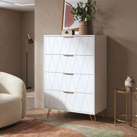 Commode 4 tiroirs, Scandinave Commode en forme de losange, panneau en placage, poigné et pied doré, MDF, 60x34x90cm, blanc (60x34x90 cm)