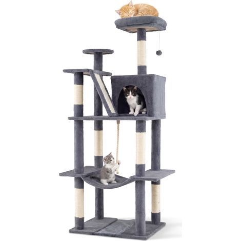 Tiragraffi per gatti da 158 cm con amaca e pali per tirare, grigio scuro.