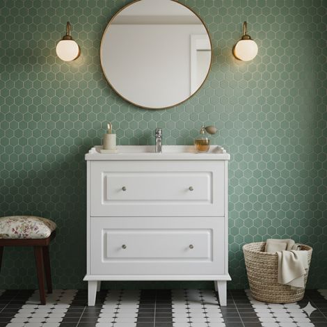 Meuble vasque sur pieds RETRO 80 cm blanc mat 2 tiroirs, vasque céramique blanche (1/5)