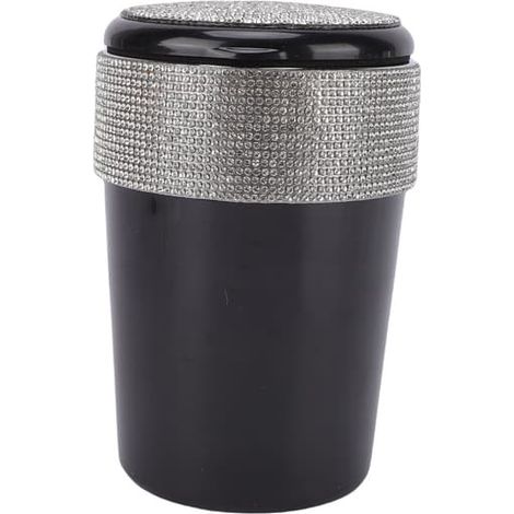Mini poubelle de bureau avec couvercle, petite poubelle ronde pour table ou comptoir, petite poubelle pour voiture ou maison, en acier inoxydable et plastique avec strass noir. (1/5)