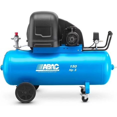 Abac – Compresseur à piston 3CV 230V monophasé 10 bar 150L – Bi-cylindrique mono-étagé – Débit 393 L/min – Capuchon anti-bruit (1/2)