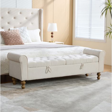 Banc de rangement en velours beige avec 2 couvercles et pieds en bois de caoutchouc (1/5)