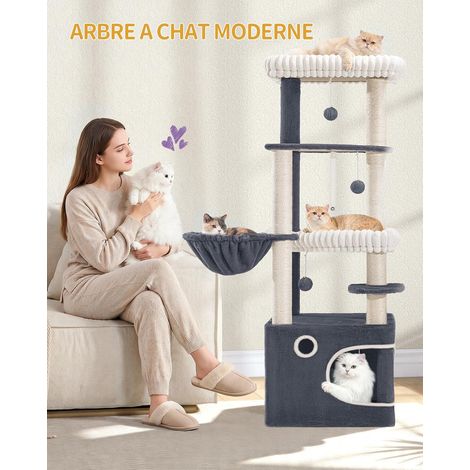Arbre à Chat Hauteur 151 cm, avec 6 Poteaux à Griffer, 1 Grande Niche, 3 Grandes Plateformes, Panier et 4 Pompons. Arbre a Chat à Plusieurs Niveaux, Gris Foncé (1/5)