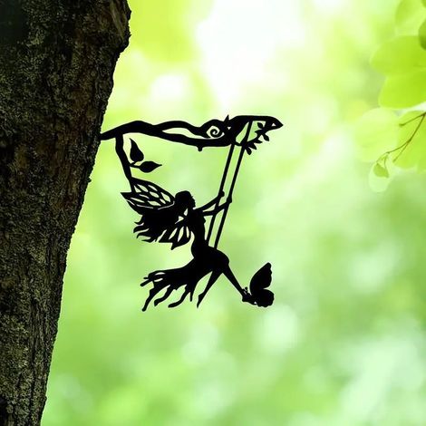 métal fée Silhouette Suspendue Branche Ornement Arbre Art Mural pour Jardin décor extérieur, Statues extérieures (1/4)