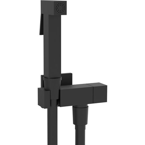 Set idroscopino squadrato in ottone nero opaco con rubinetto di arresto e flessibile 90 cm (1/2)