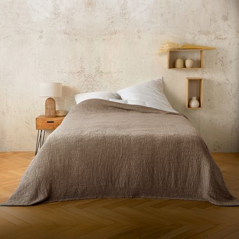 Plaid ou couvre lit 100% coton nid d’abeille Marron glacé 125x150 cm