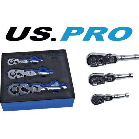 US PRO STUBBY RATCHET SET 3PC REVERSIBLE FLEXIBLE HEAD 1/4"" 1/2"" 3/8"" 4236