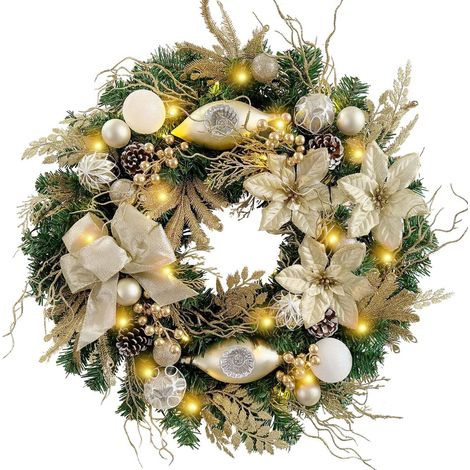 45,7 cm großer, champagnergoldener, beleuchteter Weihnachtskranz für die Haustür mit Kugeln, Weihnachtsstern, Band und Tannenzapfen