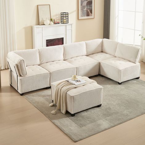 5-Sitzer-Modulsofa + 1 Ottomane, U/L-förmiges Panoramasofa – Cord – Schlafsofa – 308 cm – Beige