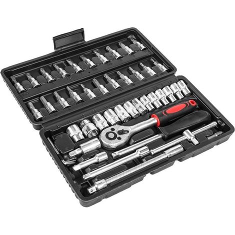 Ensemble de 46 pièces Kit d'outils réparation voitures universels 1/4 pouce Compatible avec la vélos et moto cliquet combo à clé couple - (1/5)