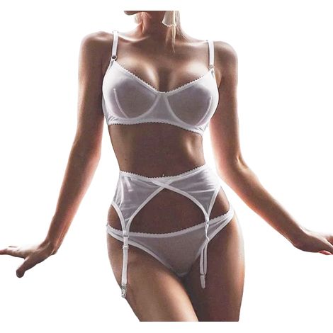 Damen-Unterwäsche-Set, BH, Choker, Oberschenkelträger, Bauchband, Weiß, Größe S