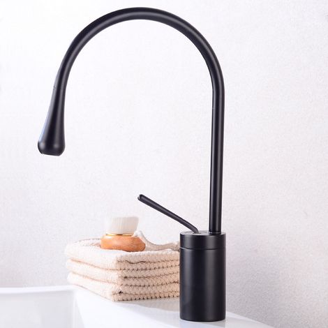 Robinet de Lavabo Monotrou Noir Mat en Laiton - Mitigeur Chaud/Froid Pivotant avec Flexible d'Alimentation Inclus (Modèle Bas). (1/5)