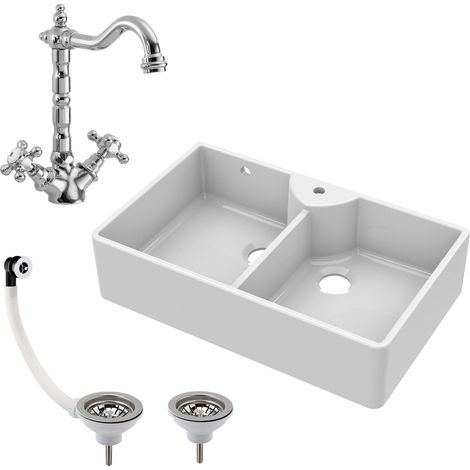 895mm Double Bowl Fireclay Butler Kitchen Sink - With Overflow, Classic Tap & Wastes - Traditional Belfast Style (1/4)
