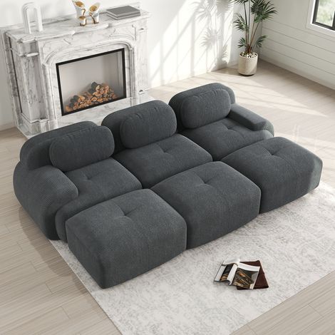 Divano componibile Neche a 3 posti in velluto a coste, divano letto con 3 poggiapiedi rimovibili, elastico 32D, base antiscivolo, grigio