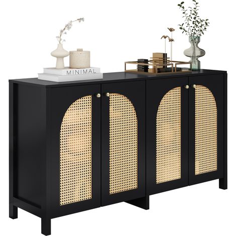 Buffet 4 portes en résine tressée noire, meuble de rangement avec étagère réglable, poignées métal, style moderne pour salle à manger, salon CHICFURN (1/5)