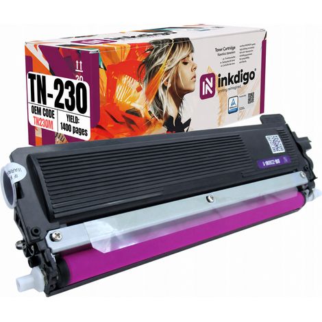 Toner Inkdigo TN230M compatible avec les imprimantes Brother DCP-9010CN, HL-3040CN et MFC-9120CN. Certifié TÜV. (1/5)