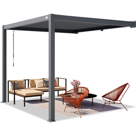 PRIMEYARD Pérgola adosada 3x3 m postes de aluminio con techo de lamas de acero pérgola de pared de color antracita