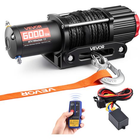 VEVOR Cabrestante Electrico 12V 2721 kg para ATV UTV con Cuerda Sintetica de 6 mm x 15 m, Motor 2,6 kW, Control Remoto con Cable, Guía de Cable, Gancho y Soporte de Montaje para Exteriores Todoterreno