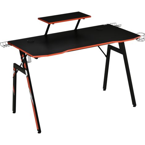 Scrivania da gaming Mesa per PC con supporto per monitor e porta-altoparlanti, gancio per cuffie, fibra di carbonio, 120x60x94,5 cm, nera