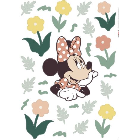 sticker mural Minnie Mouse vert, rose et jaune  - Komar