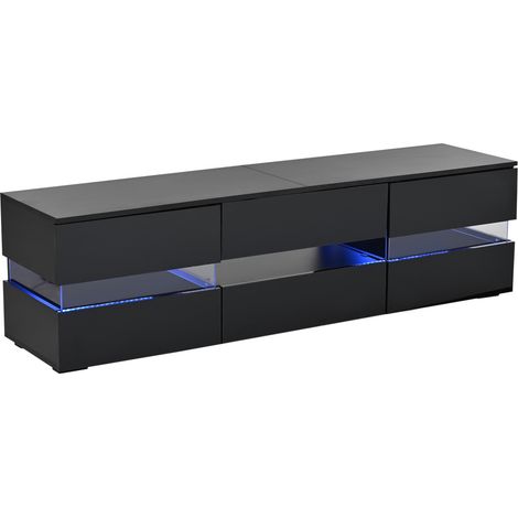Meuble TV moderne laqué noir 160x39x45 cm avec éclairage LED et portes à pression pour TV jusqu'à 70 pouces (1/5)