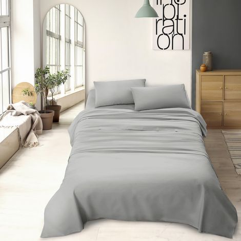 Completo letto matrimoniale a tinta unita set lenzuola Prodotto italiano 100% Cotone Grigio - Matrimoniale