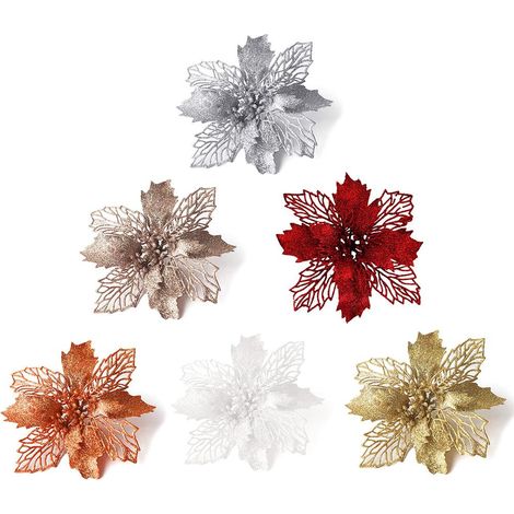 10 glitzernde Weihnachtszweige, ausgeschnittene Blüten und Blätter, Bastelzubehör, Champagner, 11 cm (1/5)