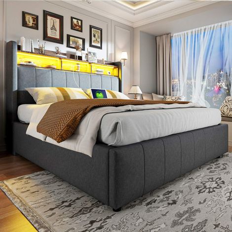 Lit coffre 160x200 cm avec LED, USB et Type-C, tête de lit rangement, sommier inclus, lit double en lin gris, sans matelas (1/5)