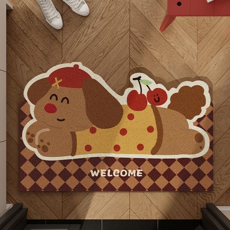 Peau de chien marron, 40 x 60 cm, boucle en soie Tapis d'entrée, paillasson, grattoir à boue, tapis à boucles, motif dessin animé, découpable, tapis antidérapant (1/4)