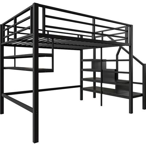 Litera 140 x 200 cm de metal y MDF con almacenaje y escalera negra (1/5)