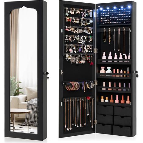 COSTWAY Armadio portagioielli con 5 Luci LED, Porta che Si Chiude, Armadio Portagioielli Montato a Muro con Specchio e 6 Cassetti, Organizer Gioielli con Tanto Spazio per Ragazze (Nero) (1/5)