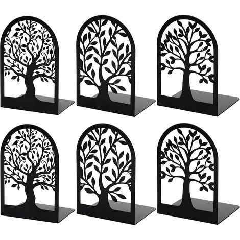 JSSEVN - Set of 3 Pairs of Decorative Metal Tree-Shaped Bookends for Heavy Books, for Shelves, Home, Office, 17.5 x 12 x 9 cm (1/5)