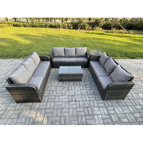 Fimous Rattan Lounge Sofa Set 9 Seater Outdoor Garden Furniture Set with Rectangular Coffee Table 3 Seater Sofa Side Table Dark Grey Mixed (1/5)
