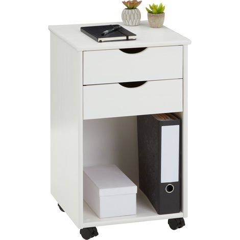 Idimex – Caisson de bureau sur roulettes en pin massif lasuré blanc – 2 tiroirs et niche – Dimensions 65 x 39 x 39 cm (H x L x P) (1/4)