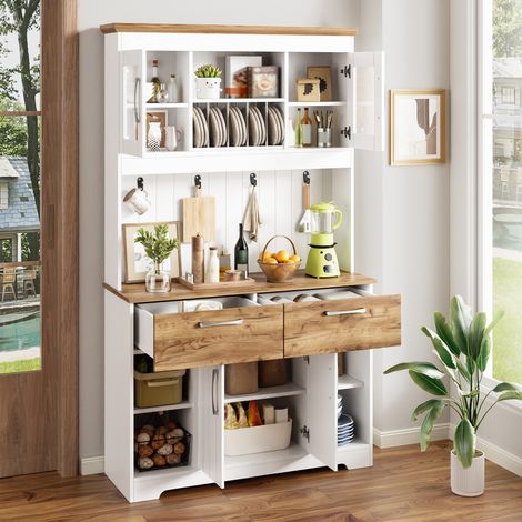 Buffet de cuisine 106 × 39 × 176,5 cm avec espace de rangement, meuble de cuisine avec compartiments vitrés, 2 tiroirs, portes et tringle à crochets, natural (1/5)