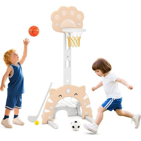 GOPLUS 3 en 1 Panier Basket Enfant avec Jeu de Football et Golf, Jeux de Basket pour Garçons Filles 3+ Ans, Hauteur Réglable de 90-130 CM, Utilisation Intérieure, Inclus Basketball, Football (Rose) (1/5)