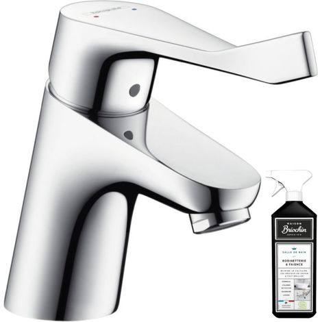 Mitigeur lavabo HANSGROHE Focus 70 Care avec poignée extra longue avec tirette et vidage chrome + nettoyant Briochin (1/2)