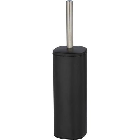 WENKO Ensemble WC sur pied Alassio, porte-brosse fermé avec brosse WC, tête de brosse remplaçable de Ø 8,5 cm en noir, en acier inox satiné, 9,3 x 39,2 x 9,3 cm, noir mat