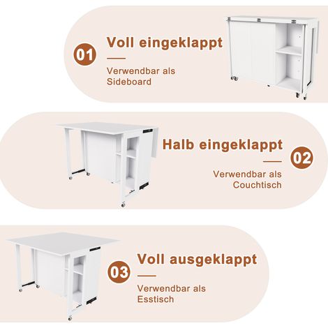 Table pliable multifonction blanc avec roulettes 360° blocables, utilisable comme table à manger, buffet et table basse, grand espace de rangement (1/5)