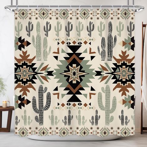 Rideau de douche occidental 183 x 183 cm (l x H) Aztèque abstrait Style vintage Cactus du sud-ouest Style bohème tribal Géométrique ethnique Étanche Accessoires de décoration (1/5)