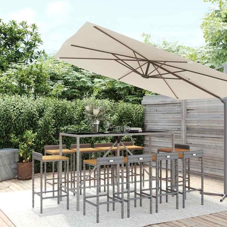 Ensemble Table de bar + 10 Chaises de bar - Table Haute avec 10 Tabourets gris poly rotin/bois massif acacia BV700754 - BonneVie (1/5)