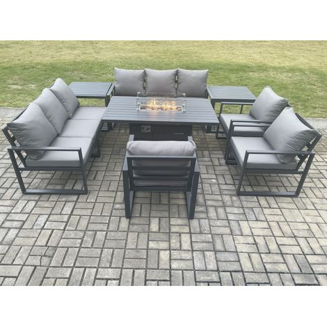 Fimous Aluminium Garden Furniture Outdoor Set Patio Lounge Sofa Gas Fire Pit Dining Table Set with 3 Armchair 2 Side Table Dark Grey (1/5)