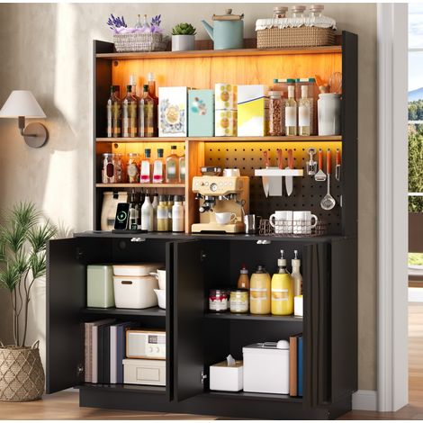Armario alto de cocina 120x43x160 cm en MDF negro y natural con LED y enchufes - MEUBLIV (1/5)