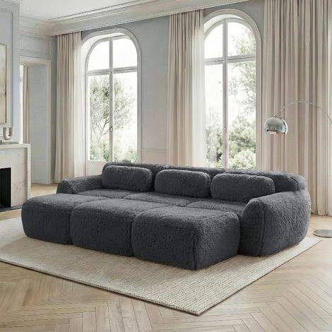 Divano letto modulare Boneless Cloud, tessuto morbido e felpato, con 3 pouf, divano a 3 posti, comodo divano per soggiorno, grigio.