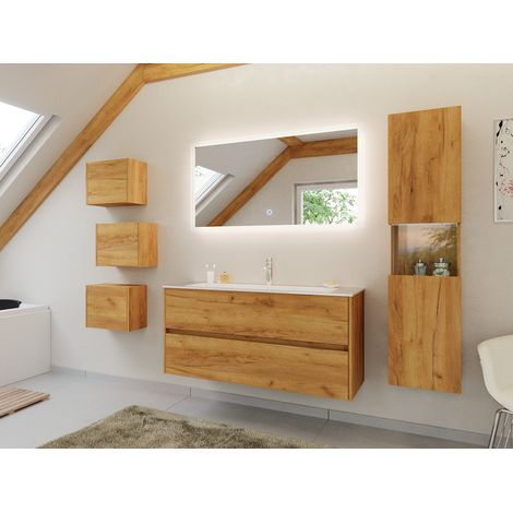 Badmöbel Set Taifun 4tlg. 120 cm mit LED Spiegel 3er Boxen und Hochschrank eiche (1/5)