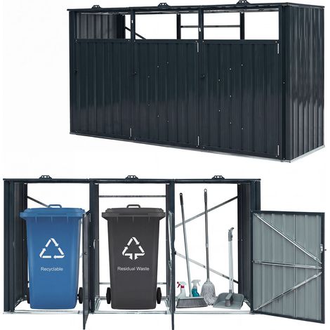 Cache-Poubelles Exterieur en Métal, Abri de Poubelle avec 3 Bacs, Portes Verrouillables, Couvercles & Poignées, Coffre de Rangement,238 x 79,5 x 122cm (1/5)